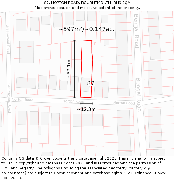 87, NORTON ROAD, BOURNEMOUTH, BH9 2QA: Plot and title map