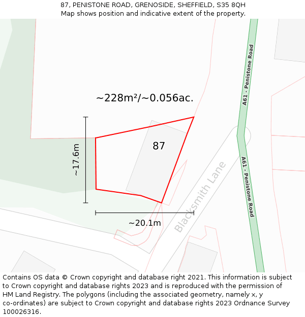 87, PENISTONE ROAD, GRENOSIDE, SHEFFIELD, S35 8QH: Plot and title map