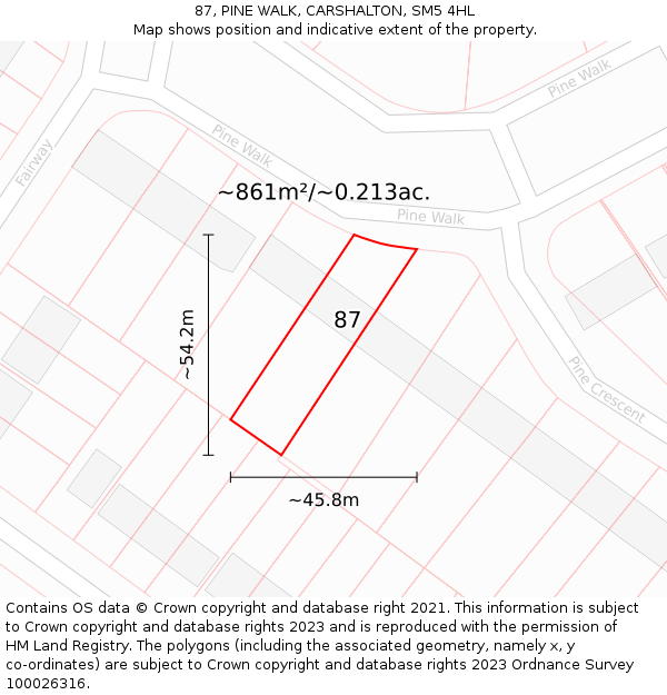87, PINE WALK, CARSHALTON, SM5 4HL: Plot and title map