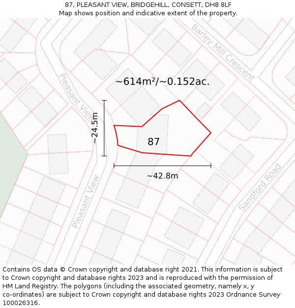 87, PLEASANT VIEW, BRIDGEHILL, CONSETT, DH8 8LF: Plot and title map