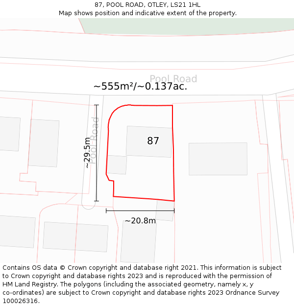 87, POOL ROAD, OTLEY, LS21 1HL: Plot and title map