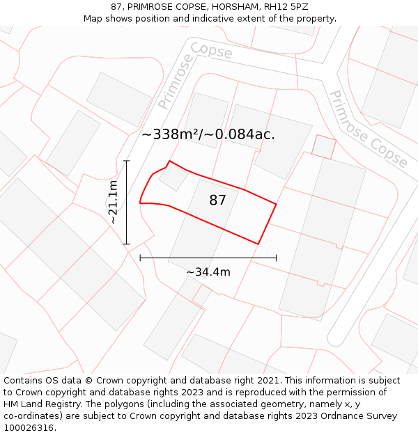 87, PRIMROSE COPSE, HORSHAM, RH12 5PZ: Plot and title map