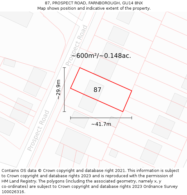 87, PROSPECT ROAD, FARNBOROUGH, GU14 8NX: Plot and title map