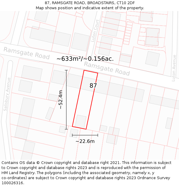 87, RAMSGATE ROAD, BROADSTAIRS, CT10 2DF: Plot and title map