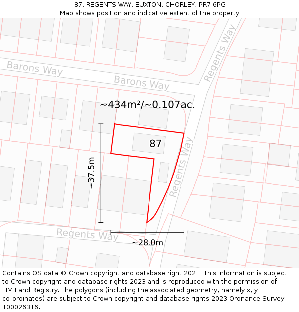 87, REGENTS WAY, EUXTON, CHORLEY, PR7 6PG: Plot and title map