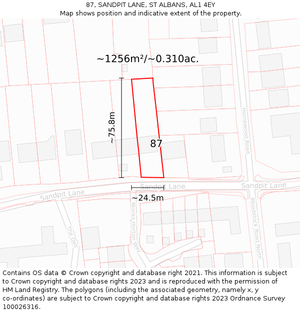 87, SANDPIT LANE, ST ALBANS, AL1 4EY: Plot and title map