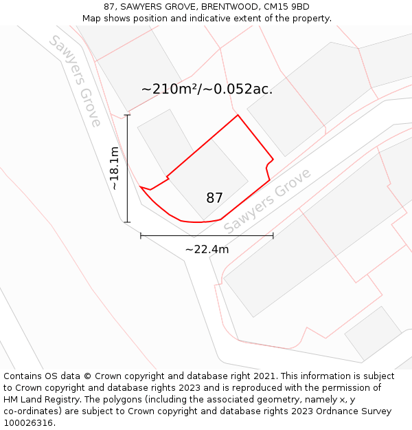 87, SAWYERS GROVE, BRENTWOOD, CM15 9BD: Plot and title map
