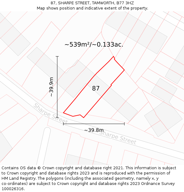 87, SHARPE STREET, TAMWORTH, B77 3HZ: Plot and title map