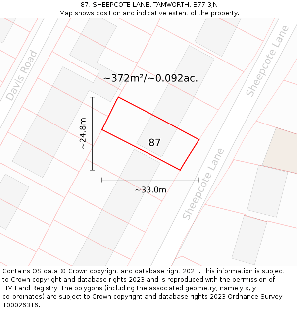 87, SHEEPCOTE LANE, TAMWORTH, B77 3JN: Plot and title map