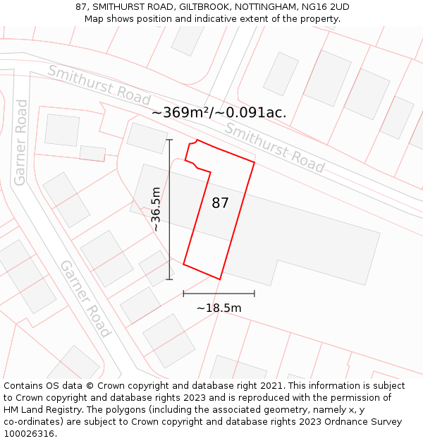 87, SMITHURST ROAD, GILTBROOK, NOTTINGHAM, NG16 2UD: Plot and title map