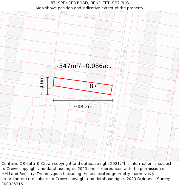 87, SPENCER ROAD, BENFLEET, SS7 3HS: Plot and title map