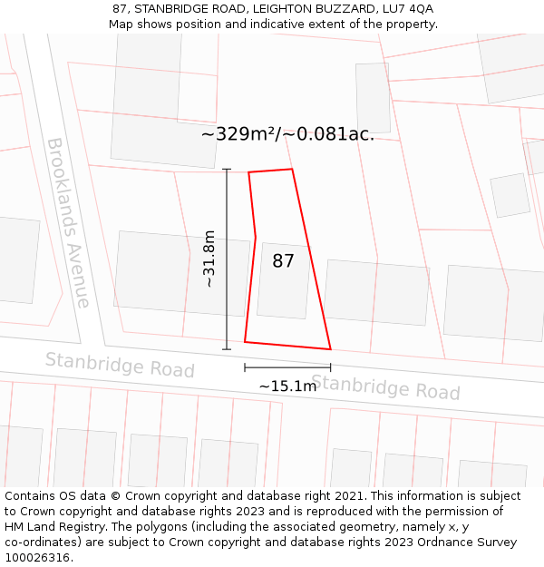 87, STANBRIDGE ROAD, LEIGHTON BUZZARD, LU7 4QA: Plot and title map