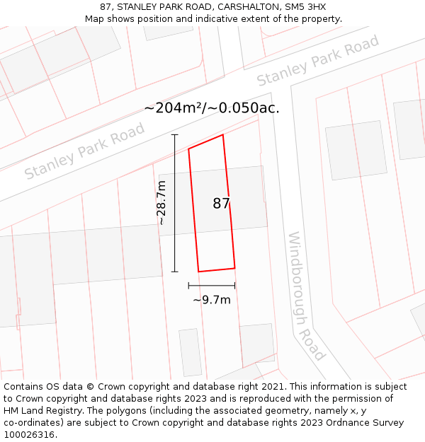 87, STANLEY PARK ROAD, CARSHALTON, SM5 3HX: Plot and title map
