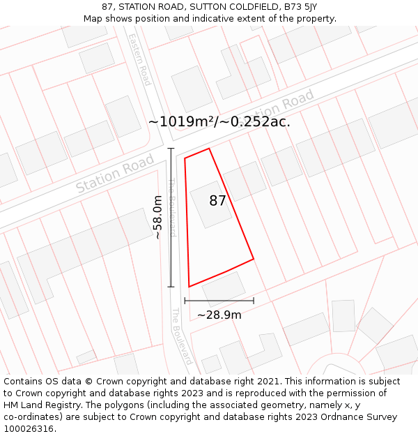 87, STATION ROAD, SUTTON COLDFIELD, B73 5JY: Plot and title map