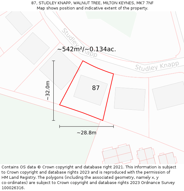 87, STUDLEY KNAPP, WALNUT TREE, MILTON KEYNES, MK7 7NF: Plot and title map