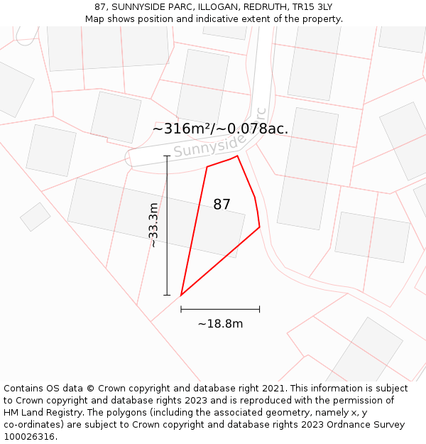 87, SUNNYSIDE PARC, ILLOGAN, REDRUTH, TR15 3LY: Plot and title map