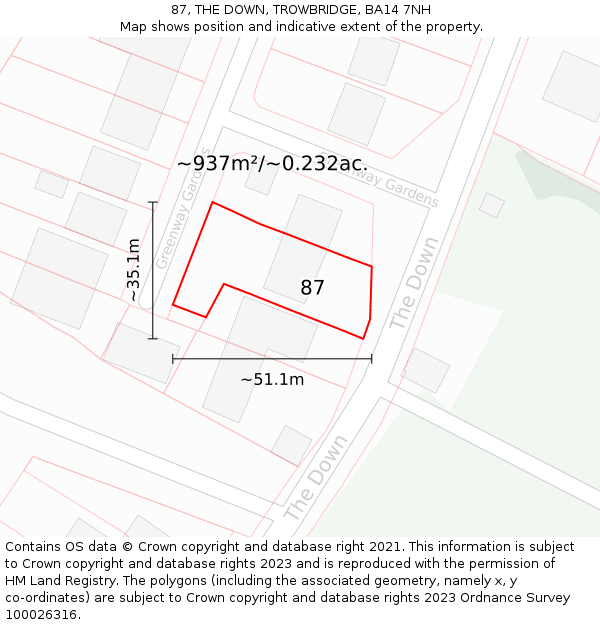 87, THE DOWN, TROWBRIDGE, BA14 7NH: Plot and title map