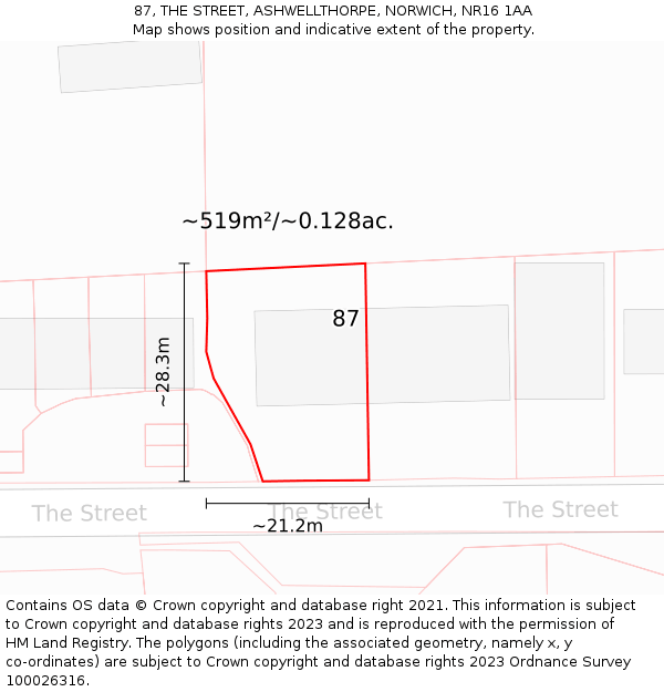 87, THE STREET, ASHWELLTHORPE, NORWICH, NR16 1AA: Plot and title map