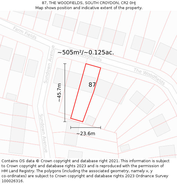 87, THE WOODFIELDS, SOUTH CROYDON, CR2 0HJ: Plot and title map