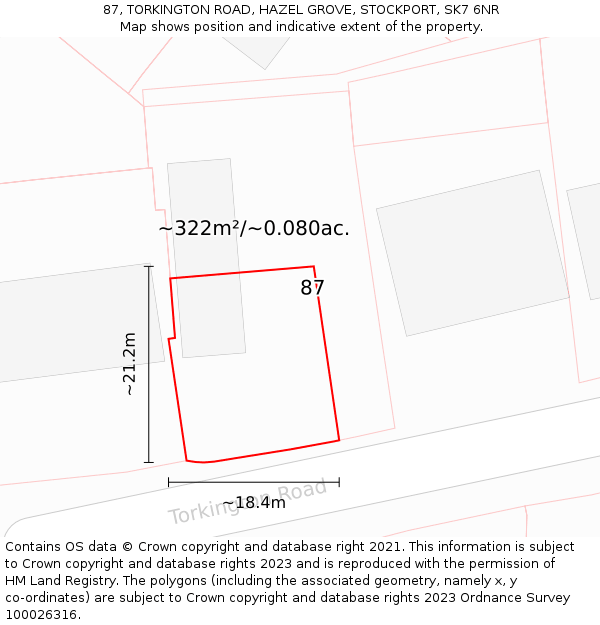 87, TORKINGTON ROAD, HAZEL GROVE, STOCKPORT, SK7 6NR: Plot and title map
