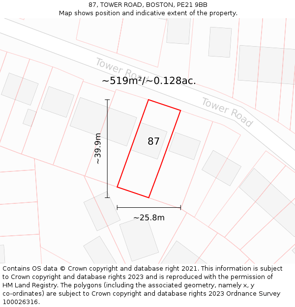 87, TOWER ROAD, BOSTON, PE21 9BB: Plot and title map