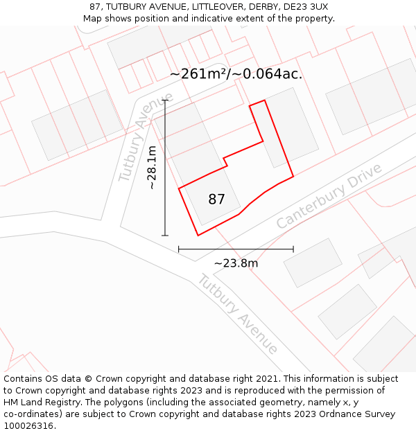 87, TUTBURY AVENUE, LITTLEOVER, DERBY, DE23 3UX: Plot and title map