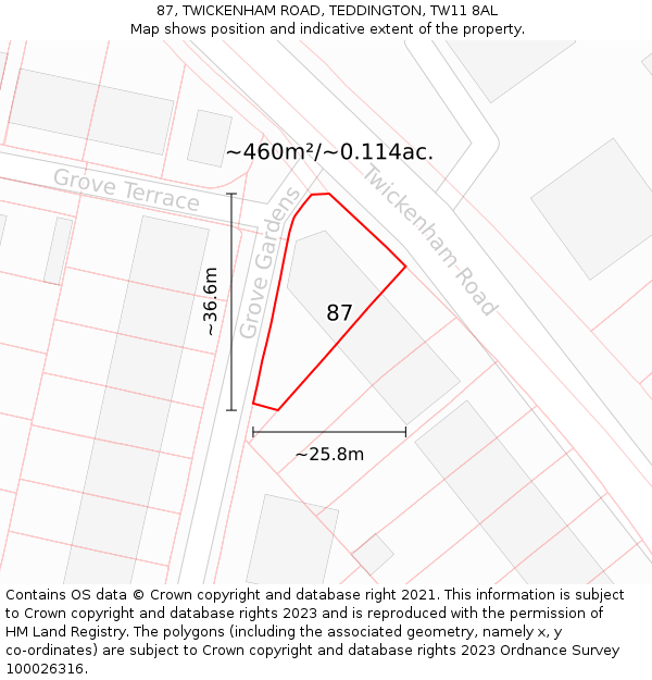 87, TWICKENHAM ROAD, TEDDINGTON, TW11 8AL: Plot and title map