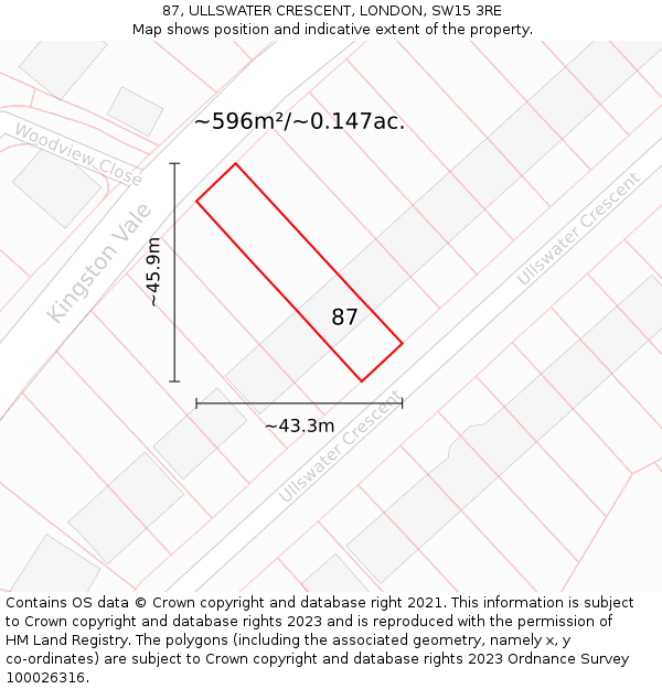 87, ULLSWATER CRESCENT, LONDON, SW15 3RE: Plot and title map