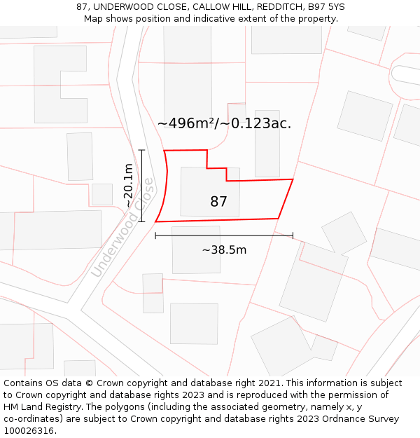 87, UNDERWOOD CLOSE, CALLOW HILL, REDDITCH, B97 5YS: Plot and title map