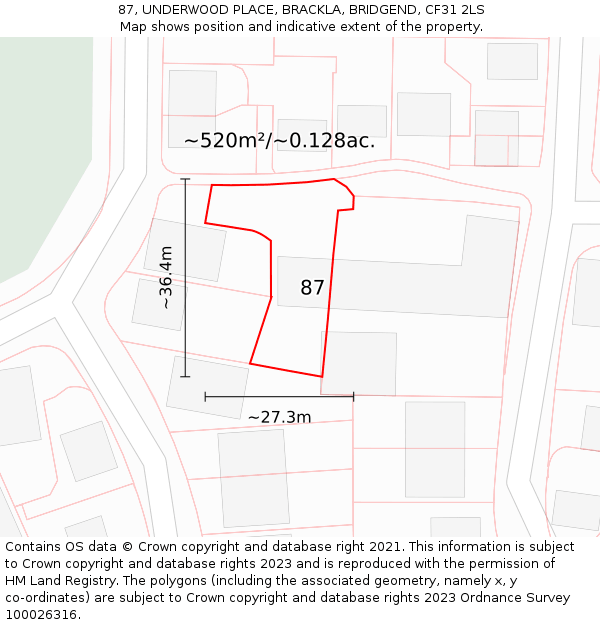 87, UNDERWOOD PLACE, BRACKLA, BRIDGEND, CF31 2LS: Plot and title map