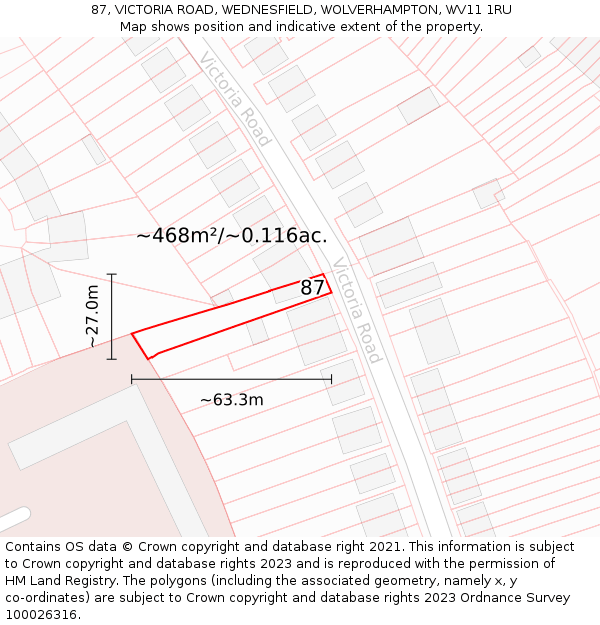 87, VICTORIA ROAD, WEDNESFIELD, WOLVERHAMPTON, WV11 1RU: Plot and title map