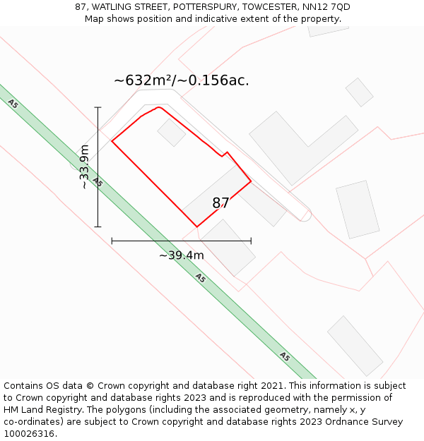 87, WATLING STREET, POTTERSPURY, TOWCESTER, NN12 7QD: Plot and title map