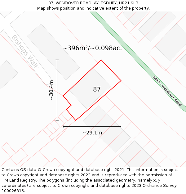 87, WENDOVER ROAD, AYLESBURY, HP21 9LB: Plot and title map