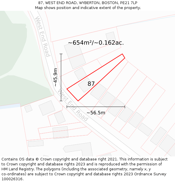 87, WEST END ROAD, WYBERTON, BOSTON, PE21 7LP: Plot and title map