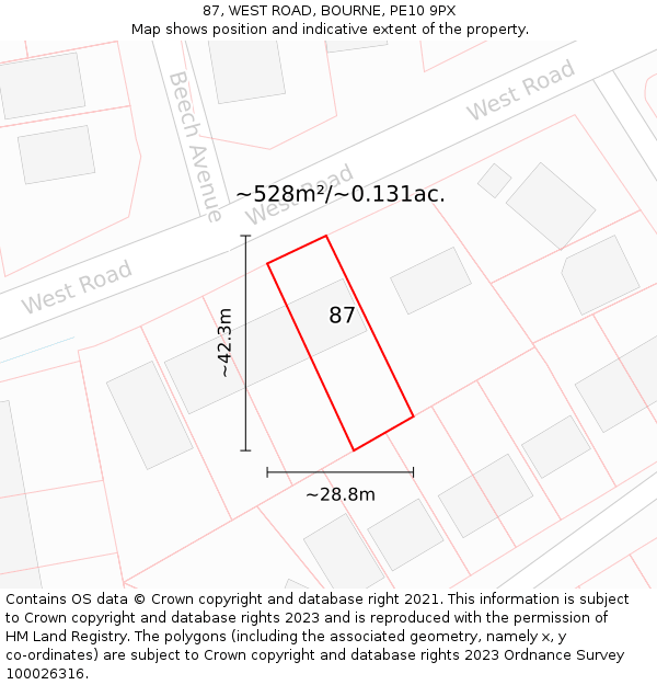 87, WEST ROAD, BOURNE, PE10 9PX: Plot and title map