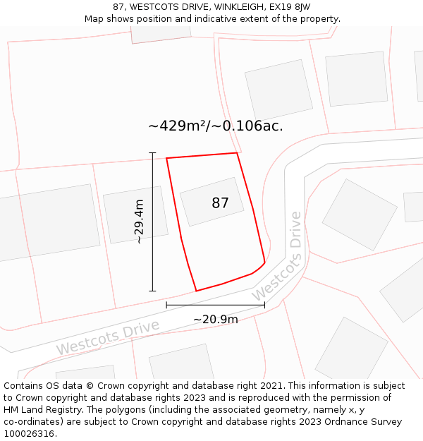 87, WESTCOTS DRIVE, WINKLEIGH, EX19 8JW: Plot and title map