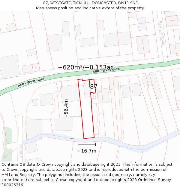87, WESTGATE, TICKHILL, DONCASTER, DN11 9NF: Plot and title map