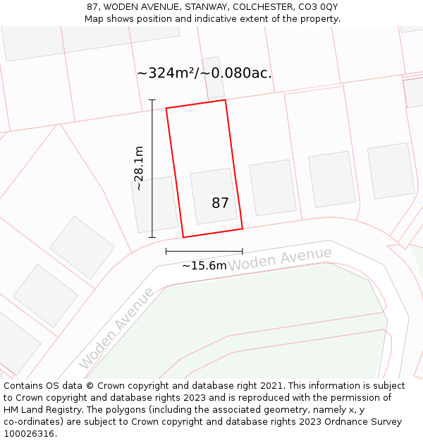 87, WODEN AVENUE, STANWAY, COLCHESTER, CO3 0QY: Plot and title map