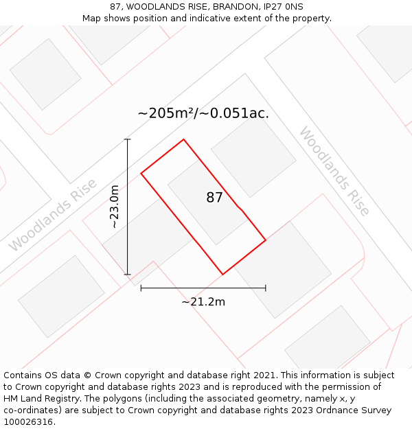 87, WOODLANDS RISE, BRANDON, IP27 0NS: Plot and title map