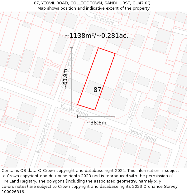 87, YEOVIL ROAD, COLLEGE TOWN, SANDHURST, GU47 0QH: Plot and title map