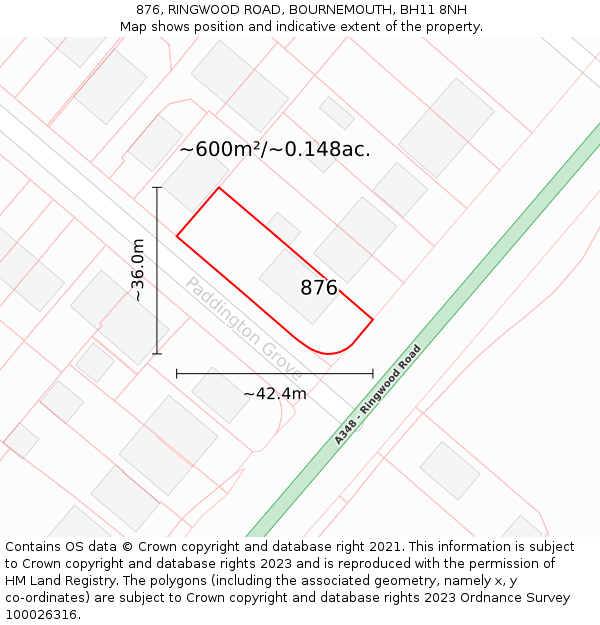 876, RINGWOOD ROAD, BOURNEMOUTH, BH11 8NH: Plot and title map