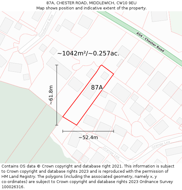 87A, CHESTER ROAD, MIDDLEWICH, CW10 9EU: Plot and title map