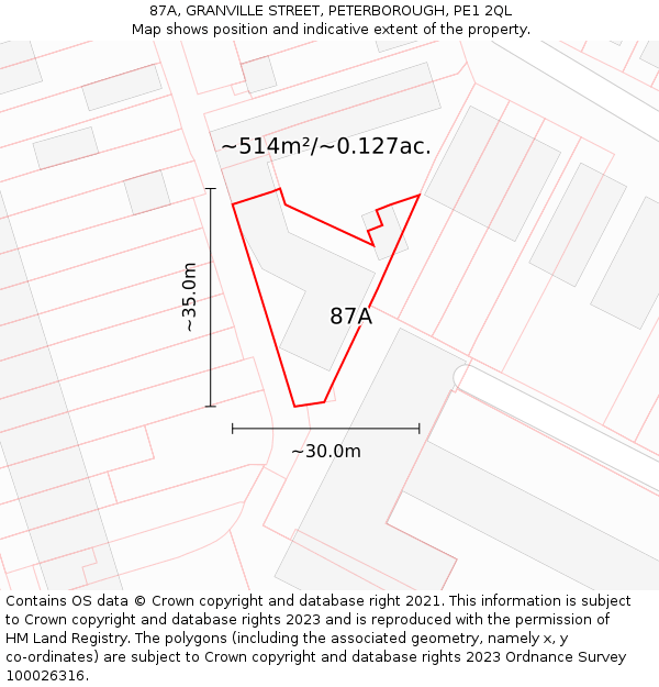 87A, GRANVILLE STREET, PETERBOROUGH, PE1 2QL: Plot and title map