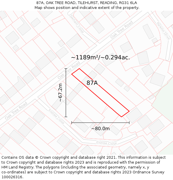 87A, OAK TREE ROAD, TILEHURST, READING, RG31 6LA: Plot and title map