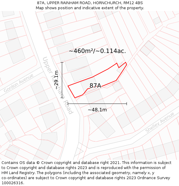 87A, UPPER RAINHAM ROAD, HORNCHURCH, RM12 4BS: Plot and title map