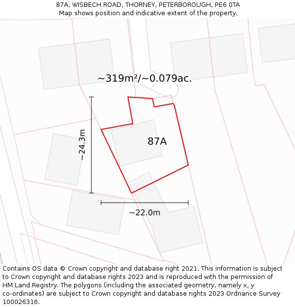 87A, WISBECH ROAD, THORNEY, PETERBOROUGH, PE6 0TA: Plot and title map