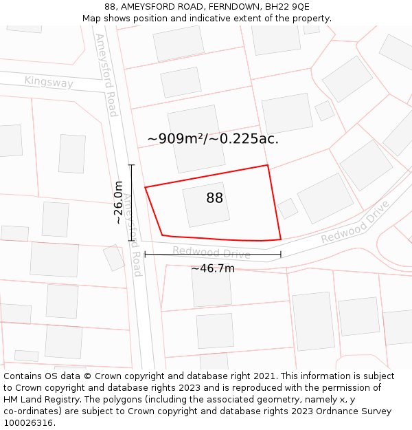 88, AMEYSFORD ROAD, FERNDOWN, BH22 9QE: Plot and title map