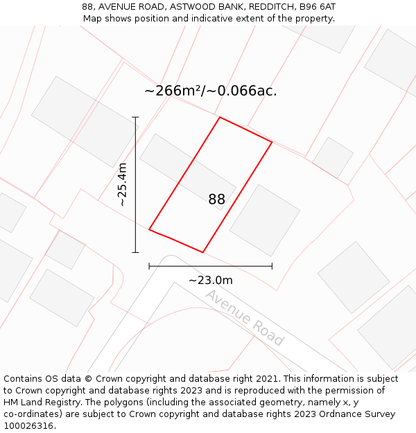 88, AVENUE ROAD, ASTWOOD BANK, REDDITCH, B96 6AT: Plot and title map