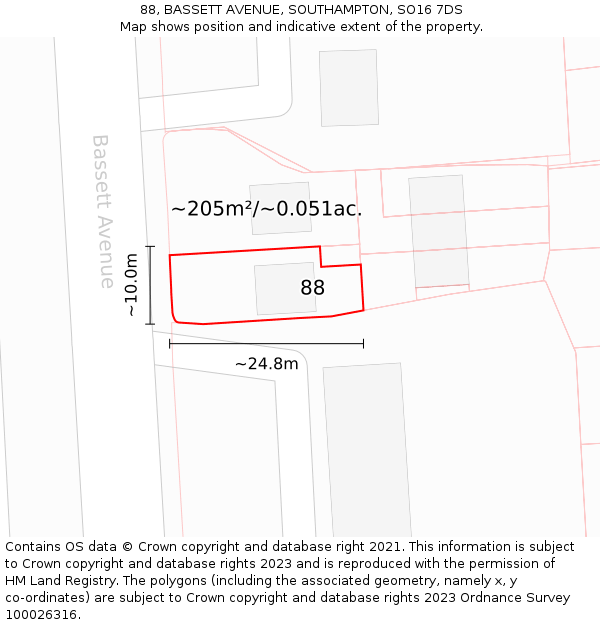 88, BASSETT AVENUE, SOUTHAMPTON, SO16 7DS: Plot and title map