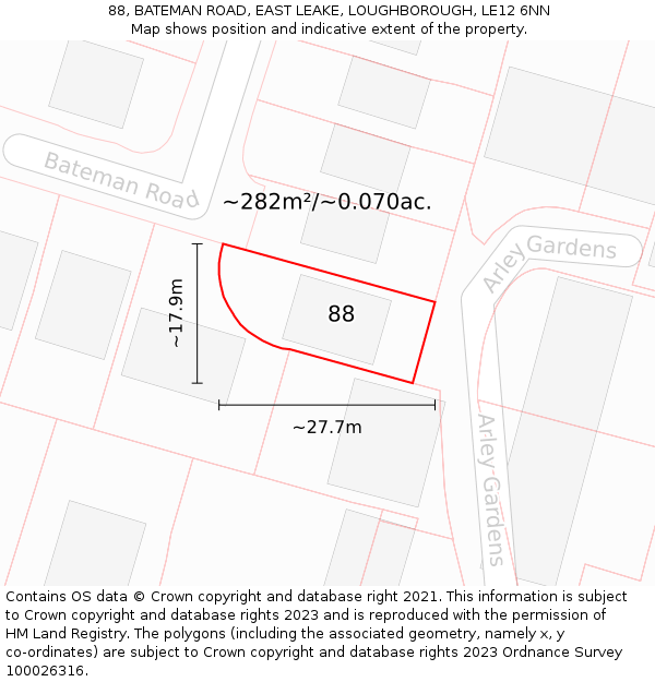 88, BATEMAN ROAD, EAST LEAKE, LOUGHBOROUGH, LE12 6NN: Plot and title map